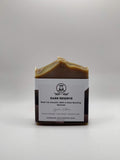 Bar of soap with a white label on a gray background