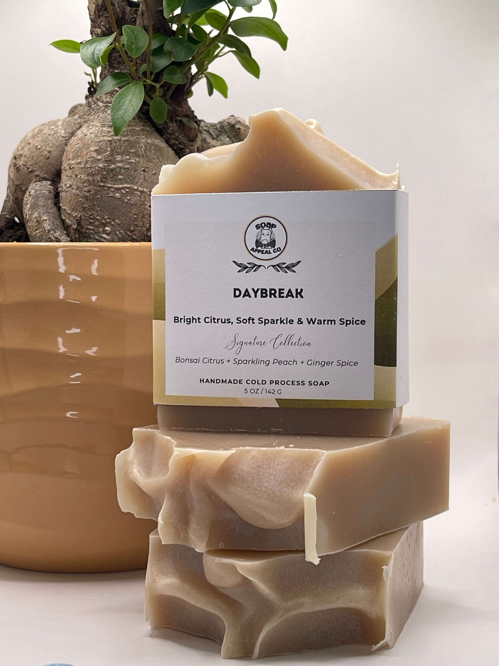 Bar of soap with a label on a decorative stand, next to a potted plant.