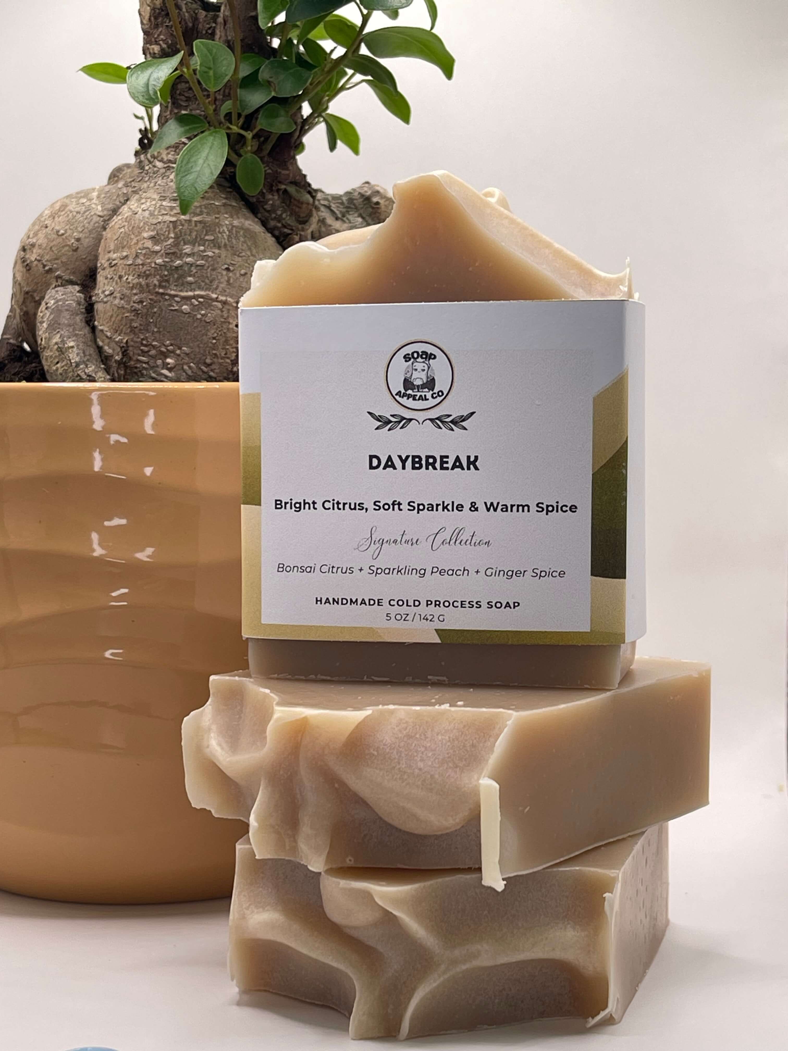 Bar of soap with a label on a decorative stand, next to a potted plant.