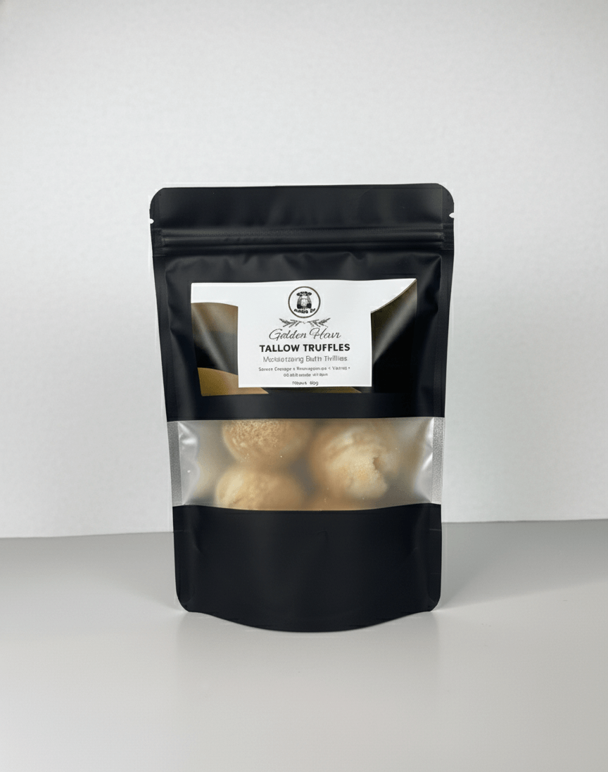 Black packaging of yellow tallow truffles on a white background