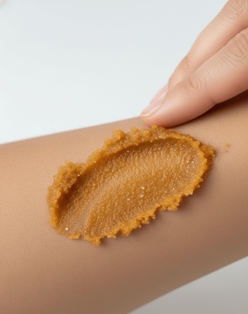 Hand applying a golden scrub to a person's arm on a light background