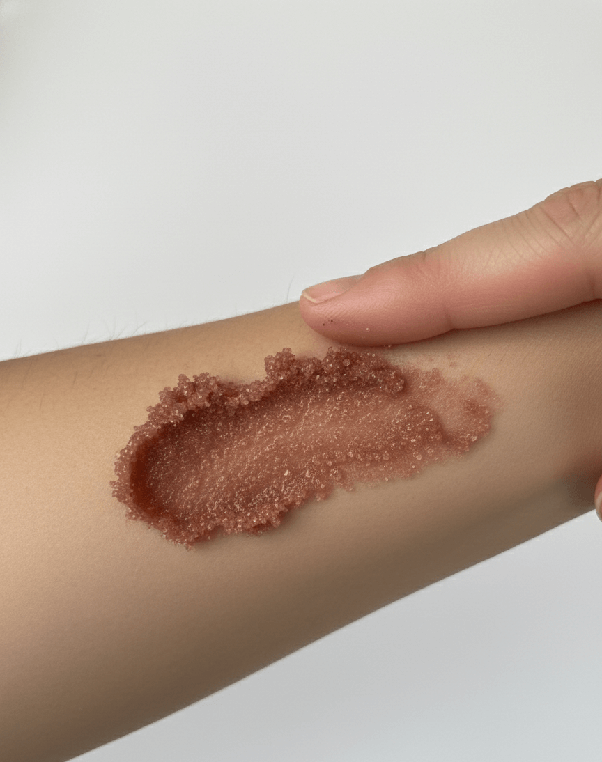 Plum sugar polish scrub on a person's arm against a white background