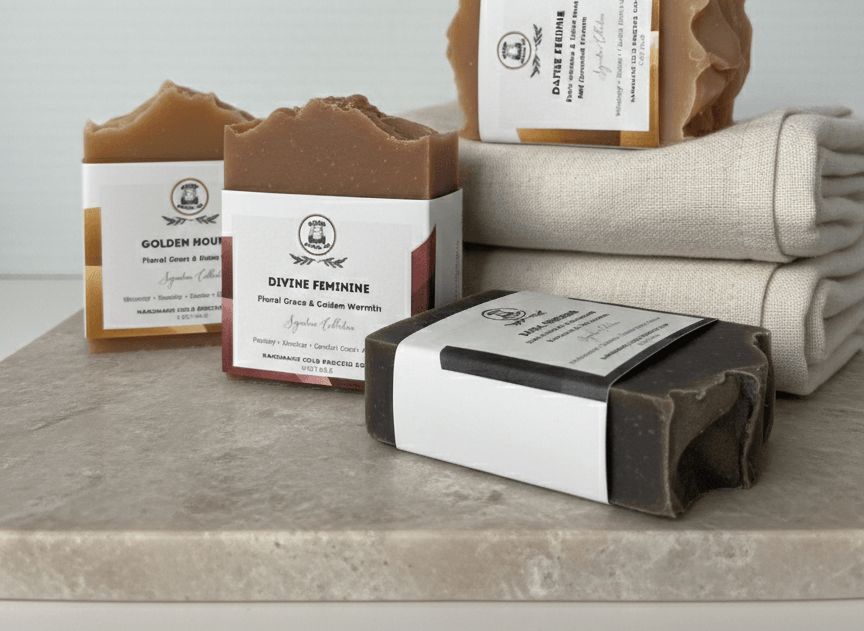 Bar soaps with labels on a wooden surface