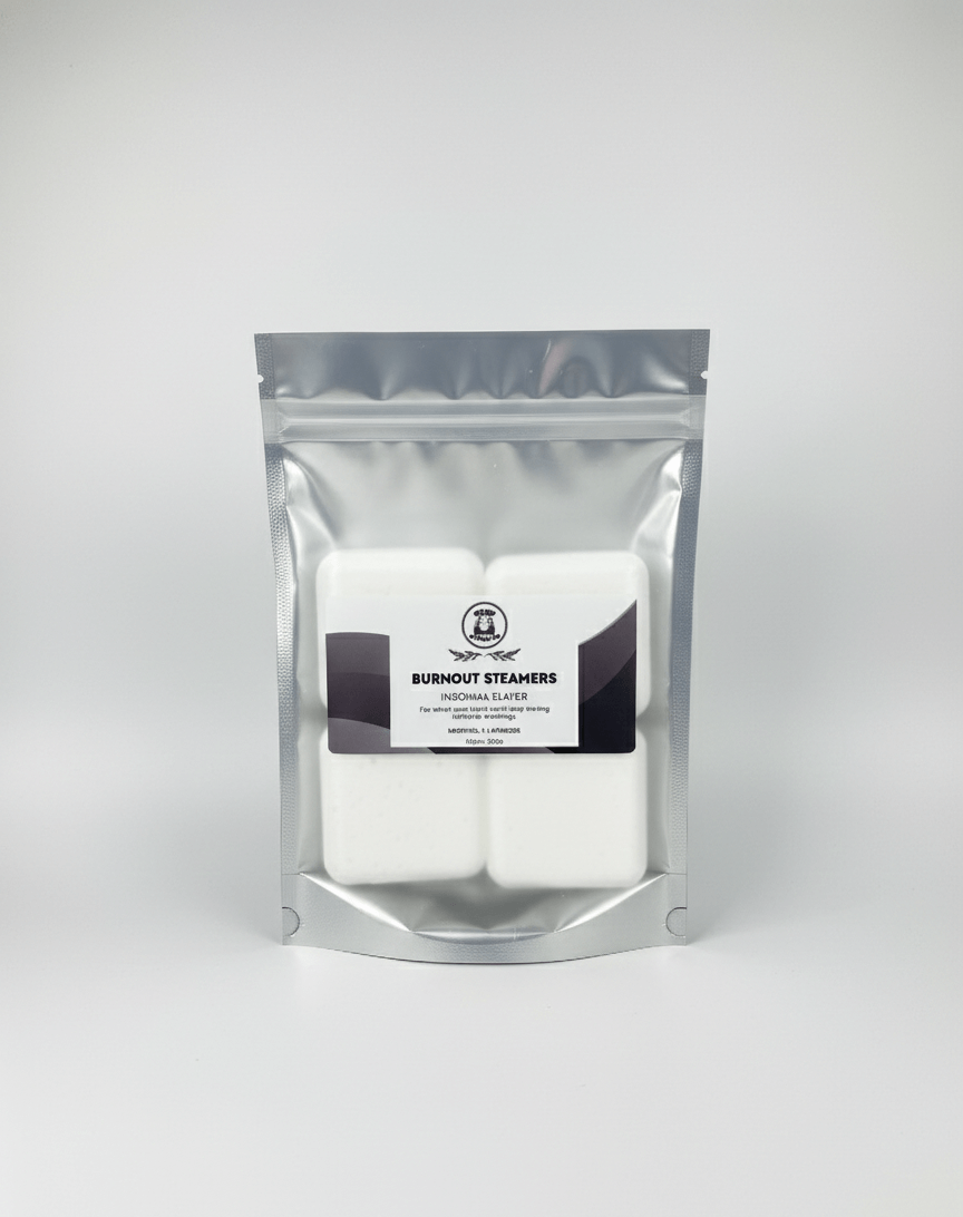 Silver packaging of 'Lavender Burnout Steamers' on a white background