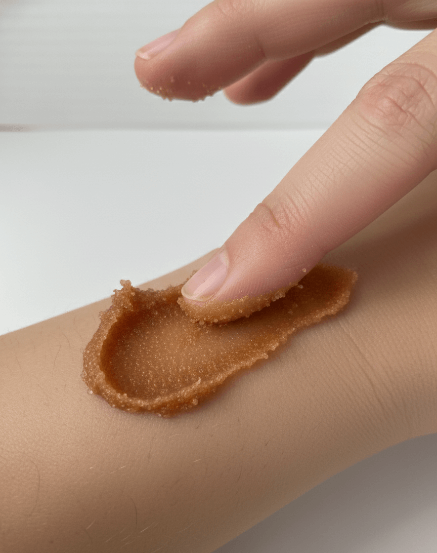 Hand applying rose pink clay sugar polish scrub to wrist on a white background