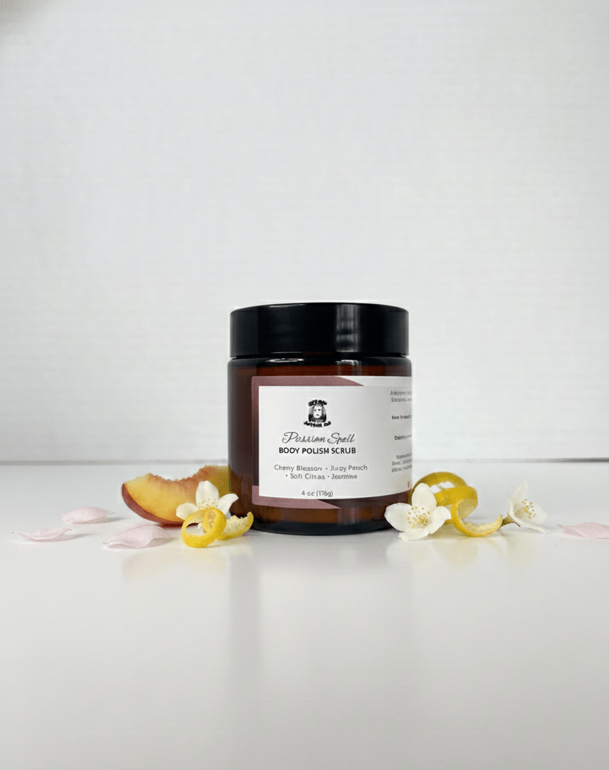 Jar of body polish scrub with a label on a white background