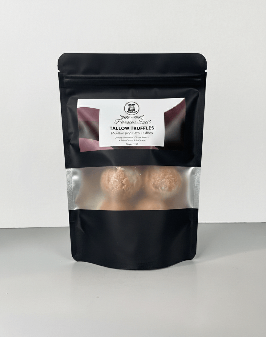 Black packaging of tallow truffles with a white label on a white background