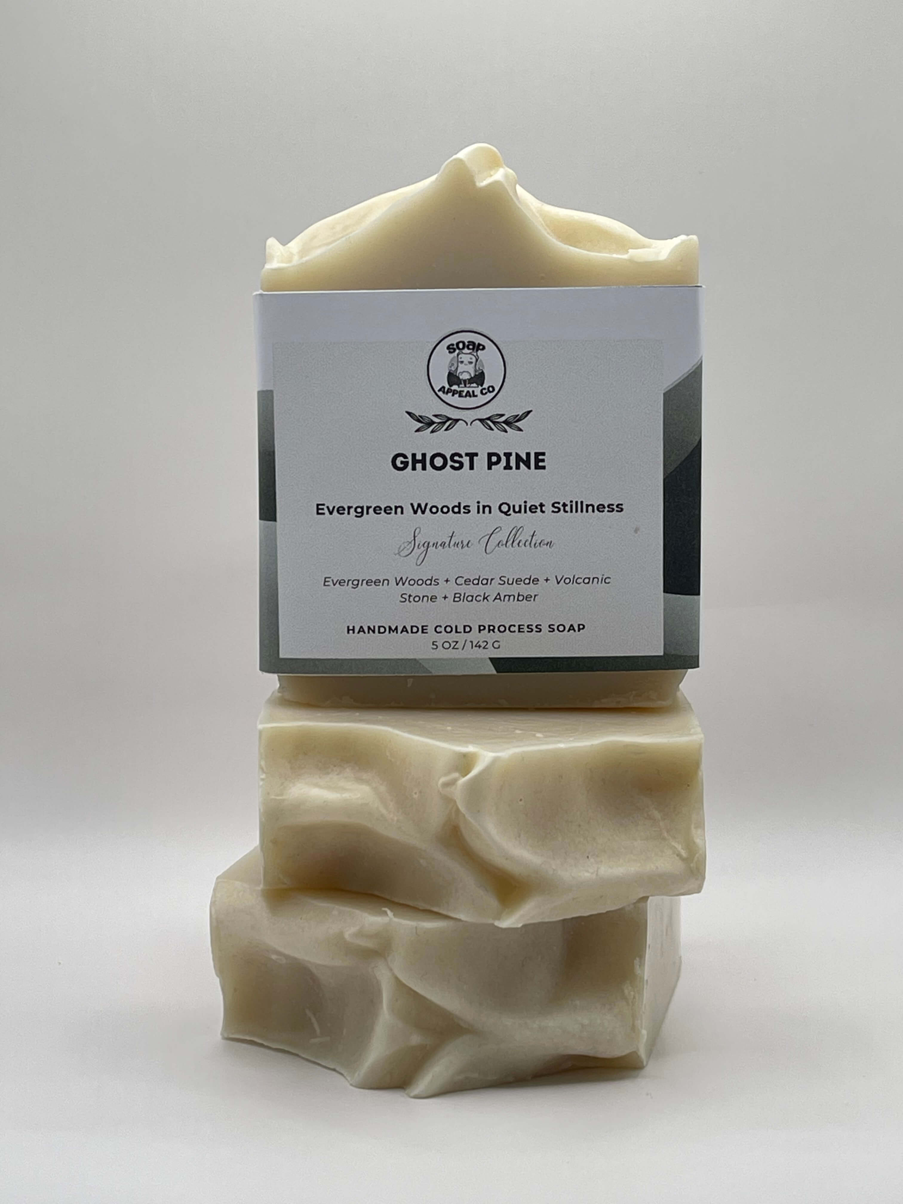 Two bars of Ghost Pine soap stacked on a white background