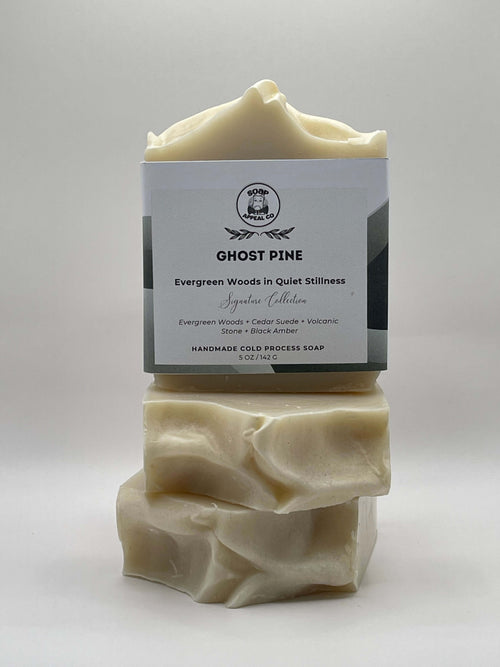 Two bars of Ghost Pine soap stacked on a white background