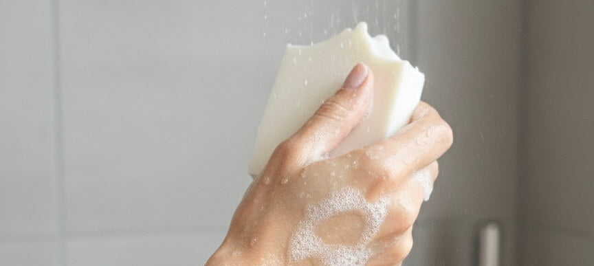 A close-up of a person's hands lathering soap with running water under a shower head, holding a white bar of soap.