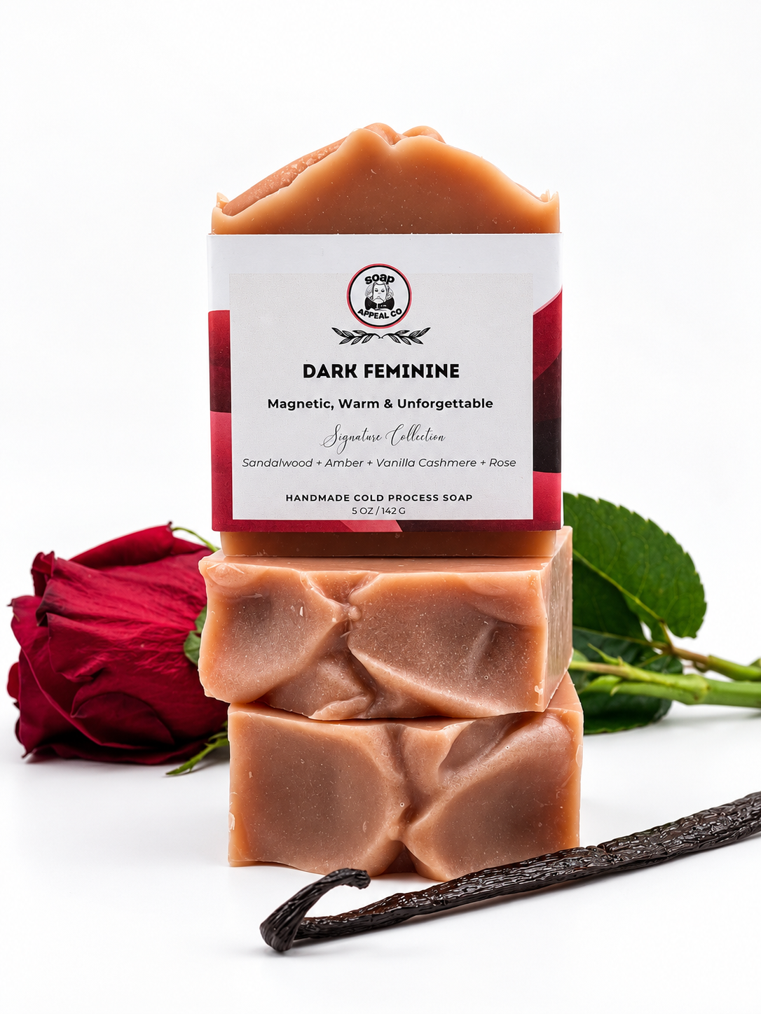 3 red soap with white and red label on white background with red rose and vanilla bean